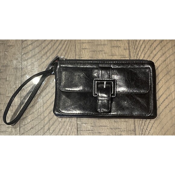 Hobo International Clutch Wristlet Leather Purse Black Handbag Buckle Vintage - Picture 1 of 4
